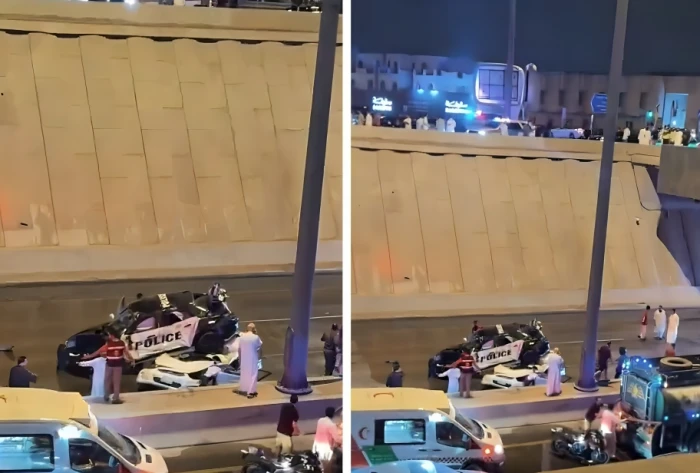 مرور الرياض يتدخل في حادث سقوط دورية أمنية من جسر